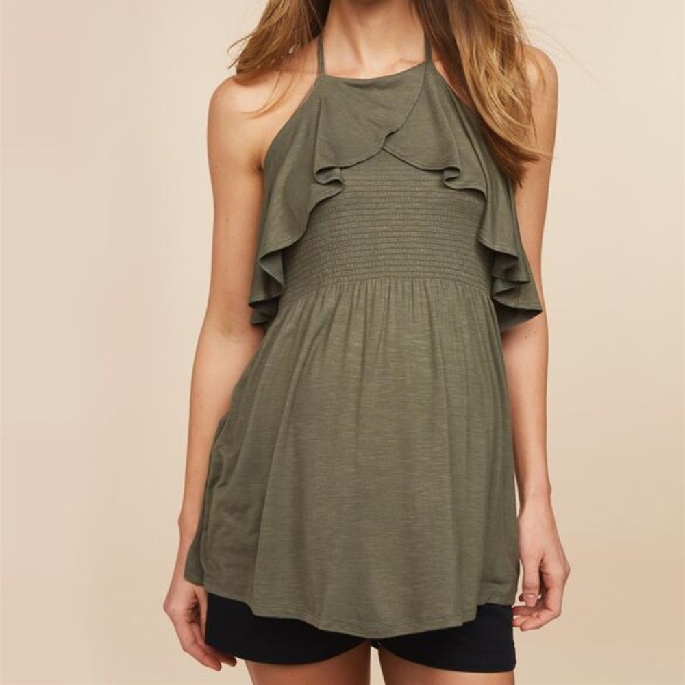 Green smocked ruffled halter maternity tank top.